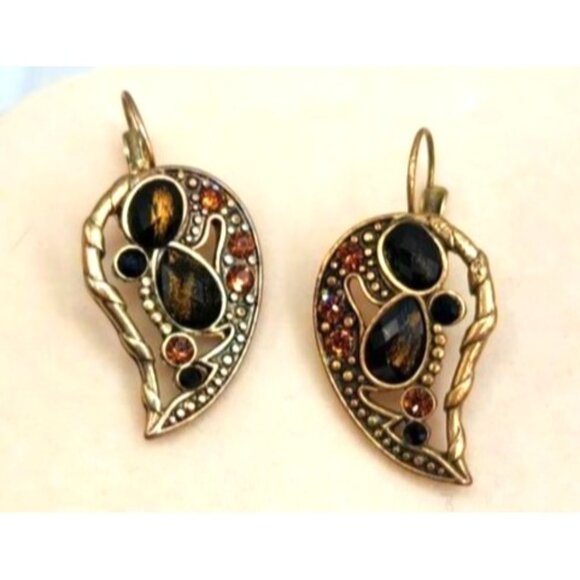 Lever Back Gold Tone Earrings With Brown, Tan Stone Accents, Tear Drop Shape - Picture 3 of 3